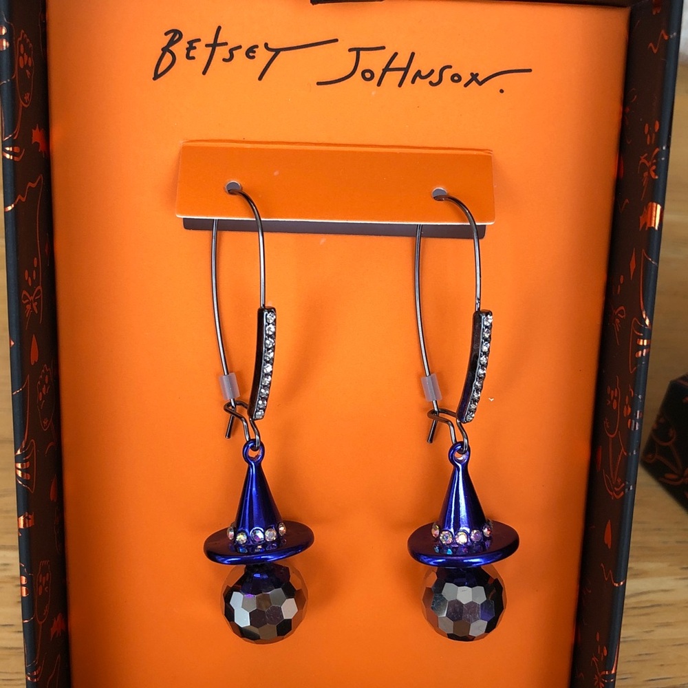 Betsey Johnson Silver Tone & Purple Disco Witch Hat Drop Earrings Crystal NIB